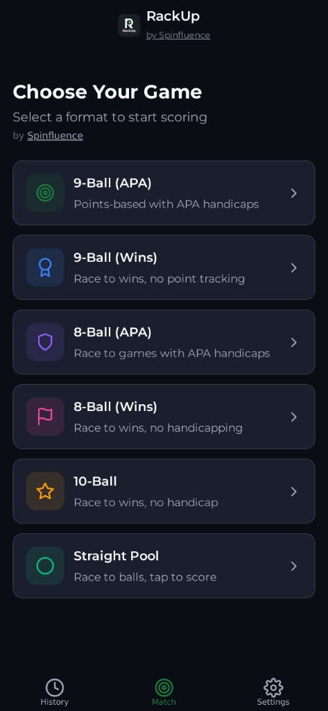 RackUp Choose Your Game screen showing six pool formats