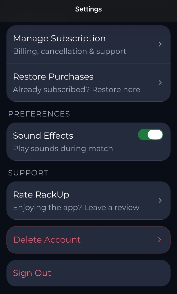 RackUp Settings screen showing the Delete Account option