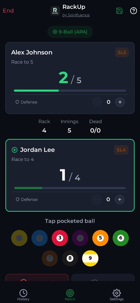 RackUp live 9-Ball APA match scoring screen with handicap race-to