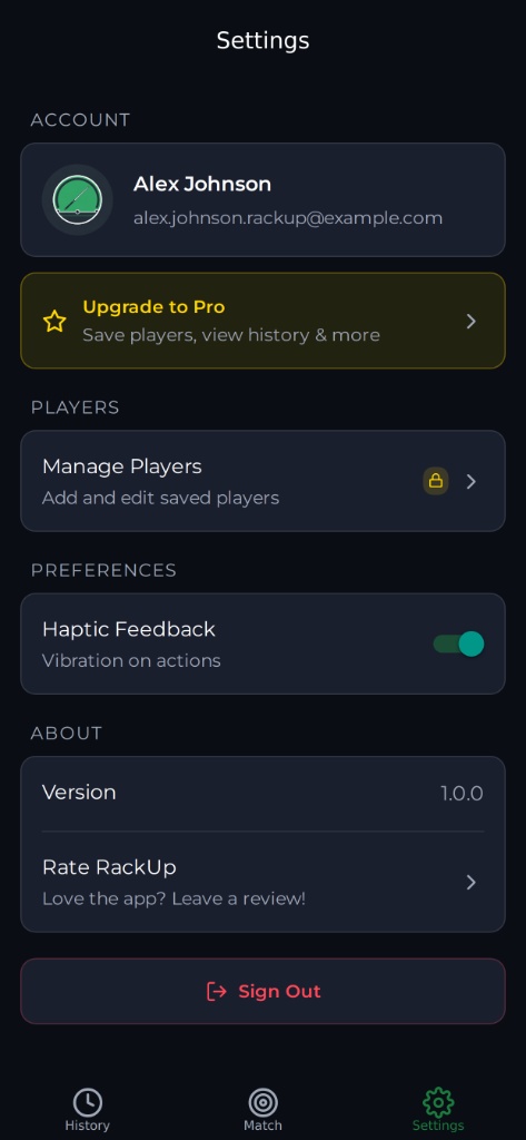 RackUp pool scorekeeper app settings screen